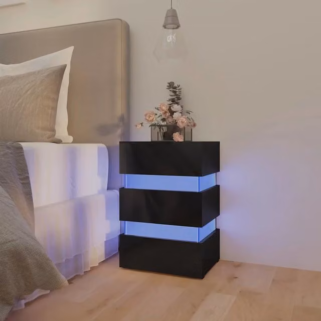 Comodino moderno vidaXL nero lucido con illuminazione LED integrata sospeso a parete L: 45 cm, P: 35 cm, H: 67 cm – 1