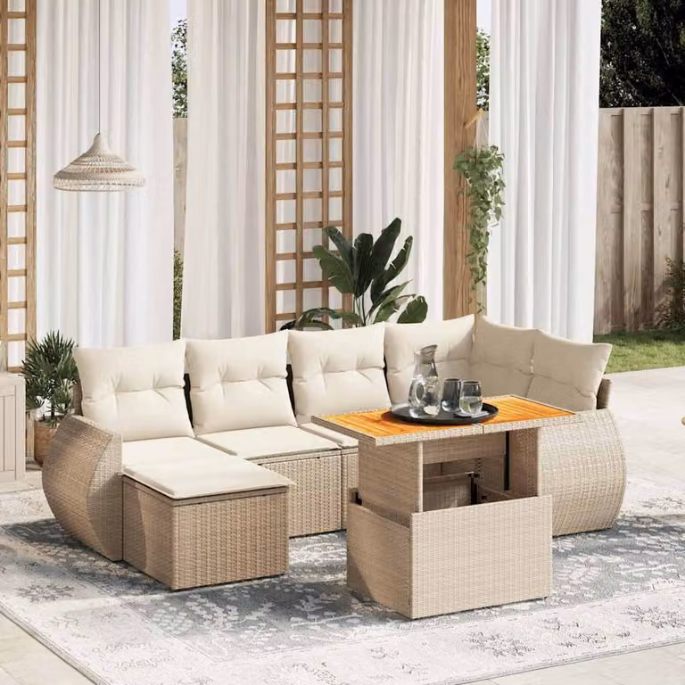 Set di divani da giardino vidaXL in polyrattan beige con 7 pezzi e cuscini inclusi