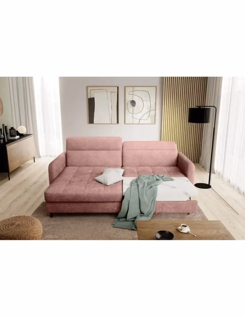 Divano ad angolo moderno MEUBLORAMA collezione GOUMSI colore rosa cipria con funzione letto e poggiatesta regolabile – 2