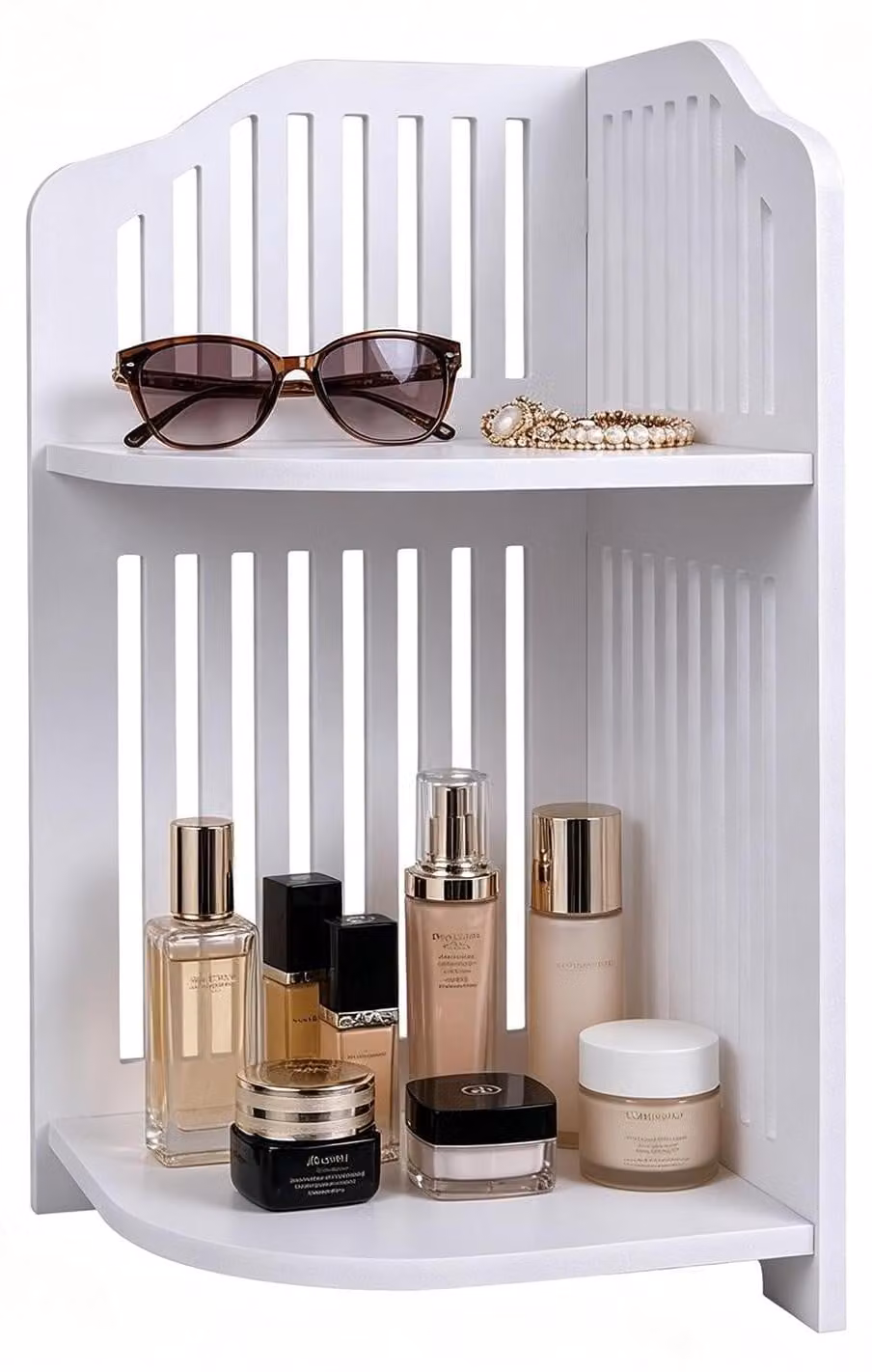 Scaffale angolare a 2 livelli per cosmetici e articoli decorativi