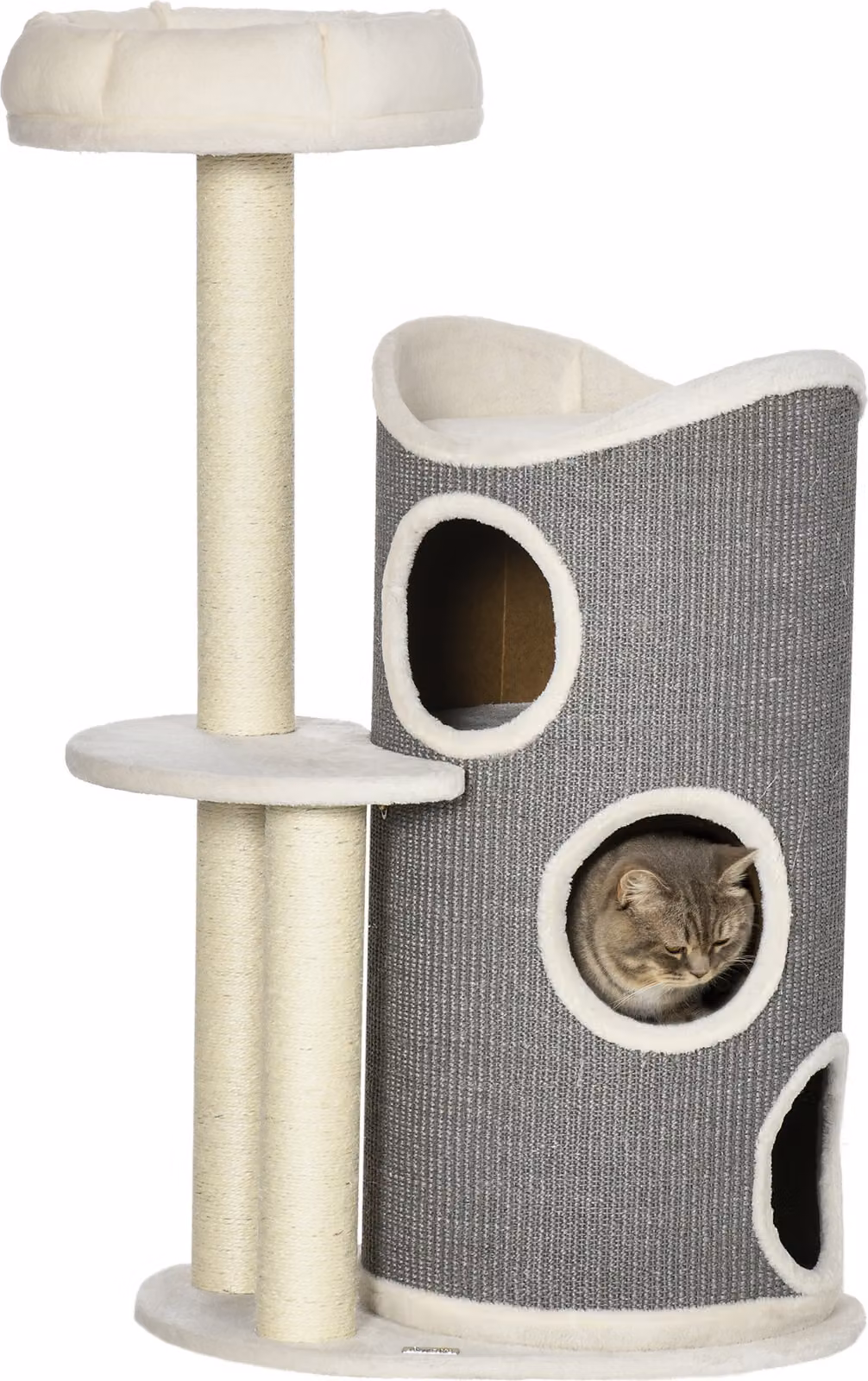 Tiragraffi da 109 cm con cilindro da graffiare e cuccia, colonne in sisal, design moderno nei toni del bianco e grigio, per gli amanti dei gatti,