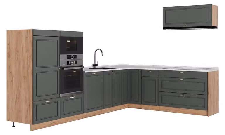 Cucina angolare completa Vicco Fame-Line Verde-oro rustico/Rovere dorato 327 x 227 cm, PL Marmo, Model 64398