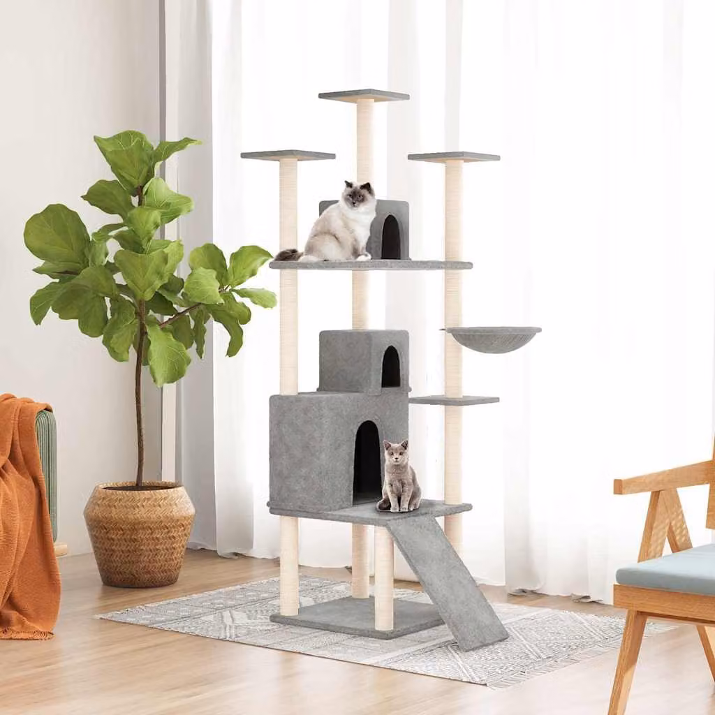 Albero per gatti vidaXL con tiragraffi in sisal e amaca, colore grigio, Altezza: 175 cm