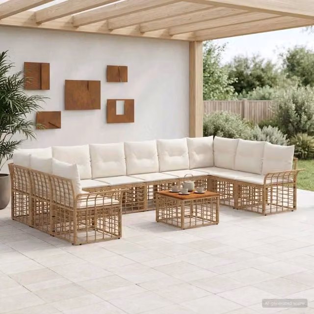 Set di divani da esterno 11 pz 10-Posti Naturale e Bianco Crema 3437764