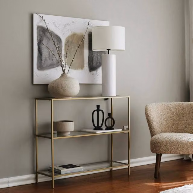 Consolle Domenica, Tavolo multiuso, Mobiletto d'appoggio, Scrivania da corridoio, 100x30h85 cm, Oro