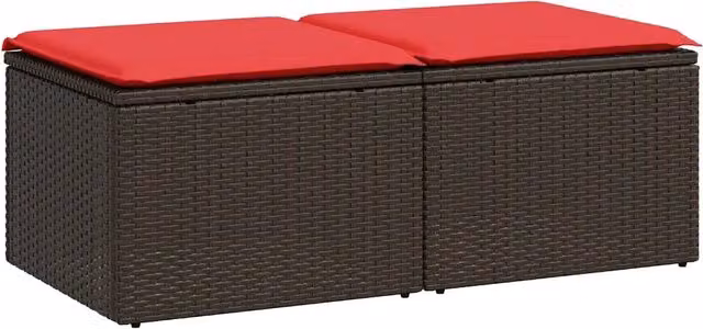 Set Salotto da Giardino 4 Pezzi in Polyrattan Acacia con Cuscini Marroni e Rossi e Ottoman per Terrazza e Giardino