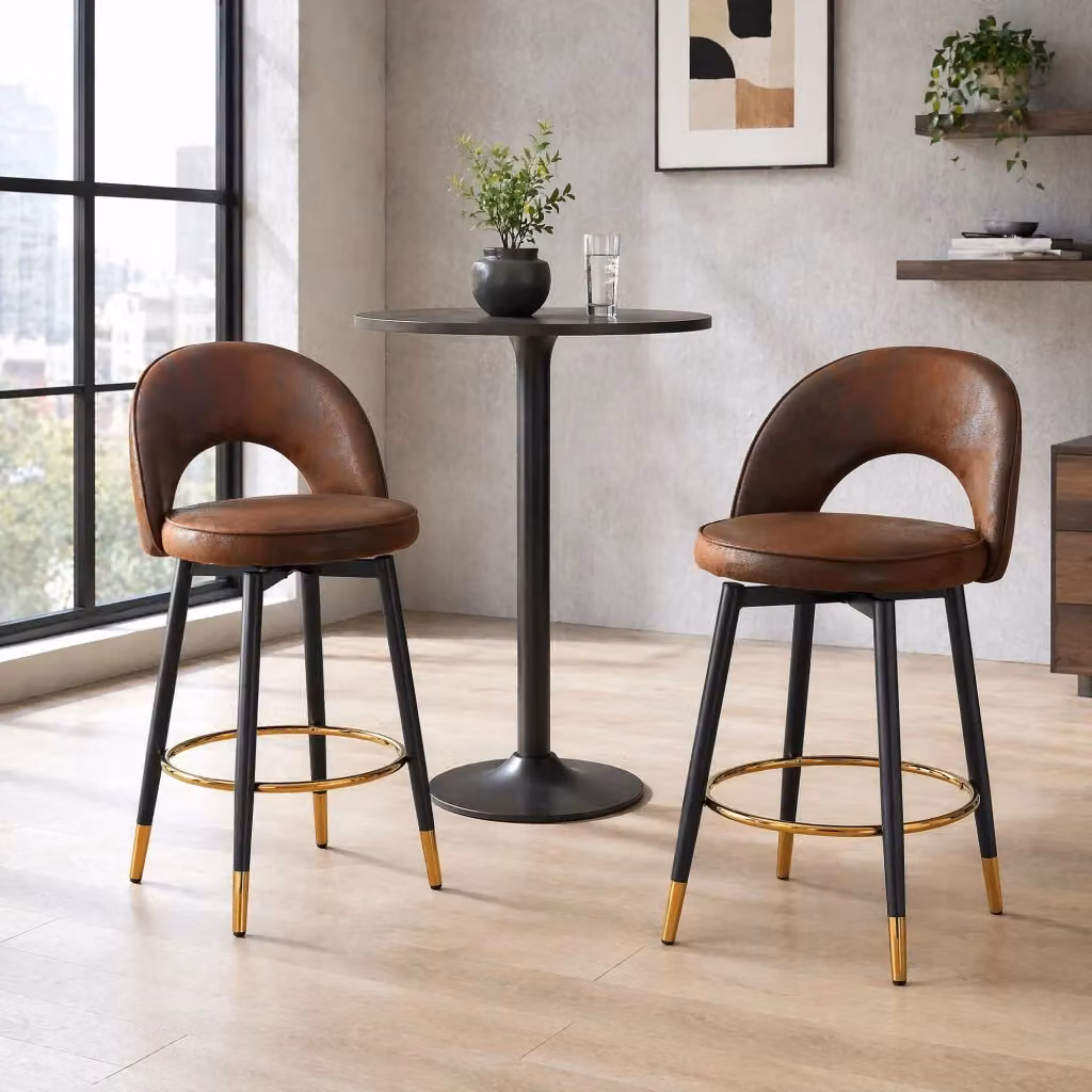 Set di 2 sgabelli da bar girevoli a 360° MIVRAY in tessuto tecnologico marrone e metallo nero con schienale traforato – 2