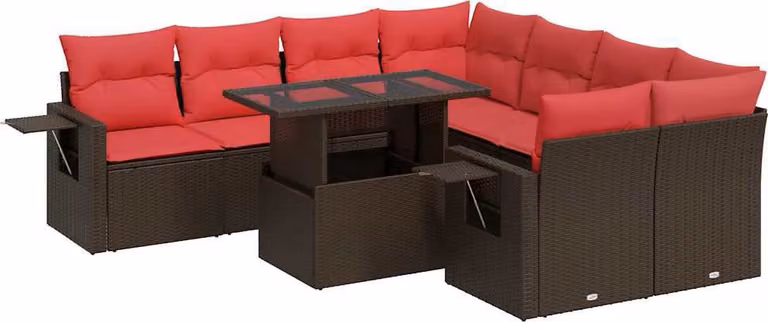 Set Divano da Giardino 9pz con Cuscini Marrone Polyrattan Acacia
