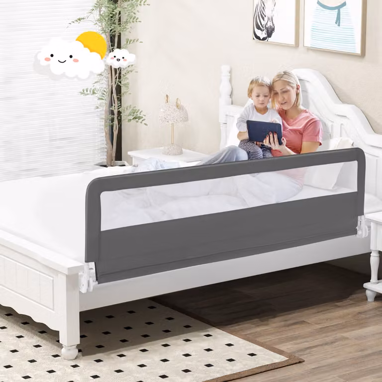 Barriera letto per bambini Costway da 180 cm con rete traspirante e sponda di sicurezza pieghevole in metallo, Grigio