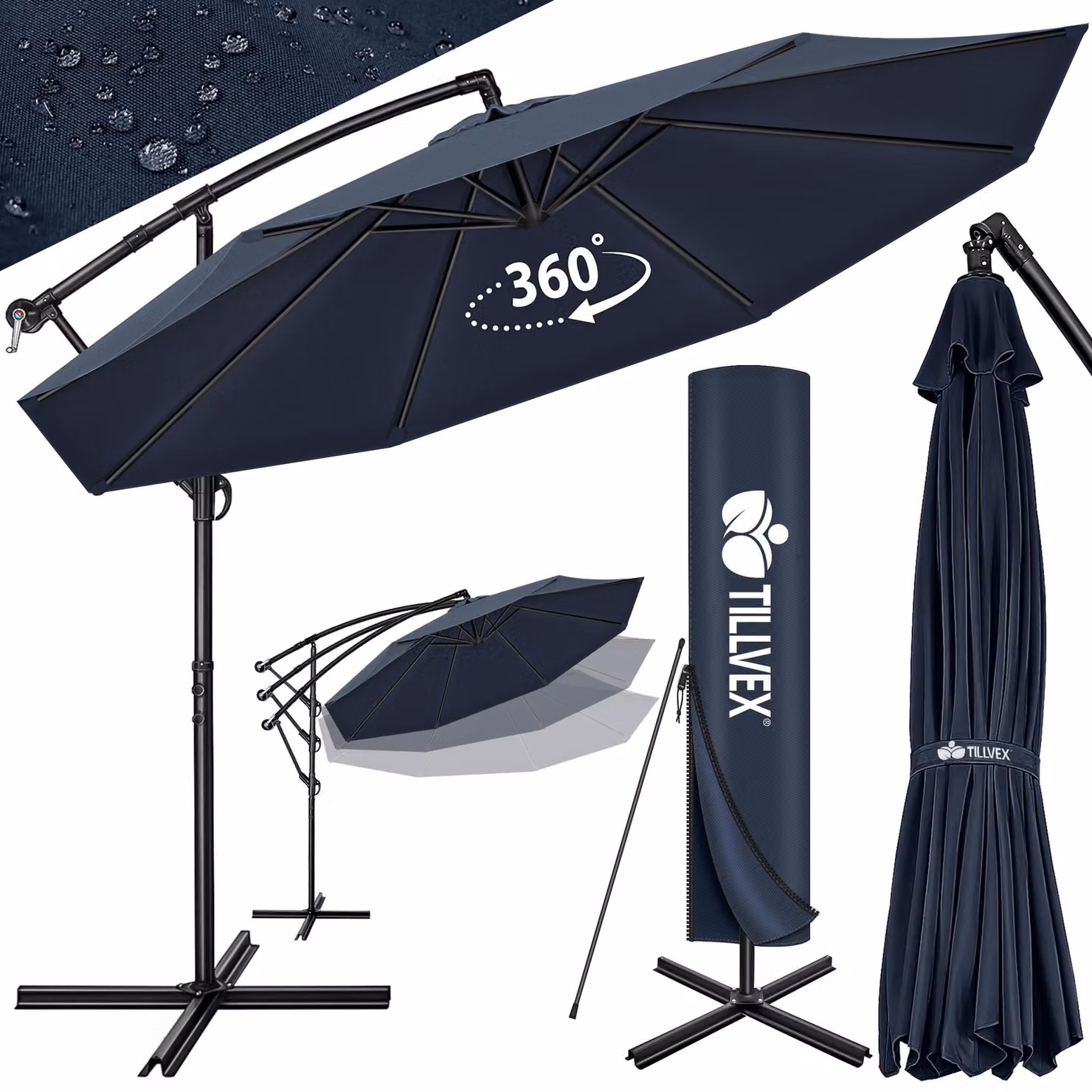 tillvex ombrellone blu navy Ø 350 cm ombrellone pensile da giardino ombrellone da mercato ombrello a manovella balcone alluminio inclinabile