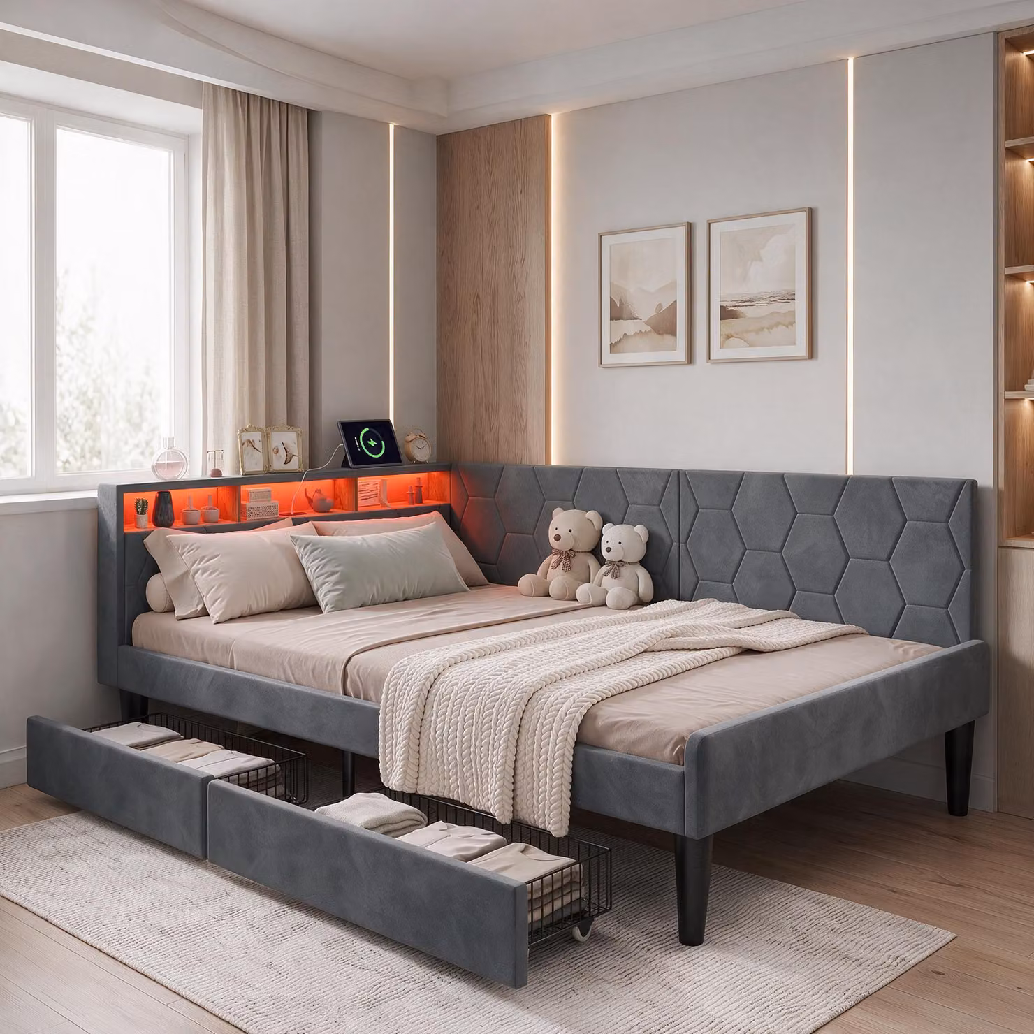 Letto imbottito INONEFT, divano letto 140x200 cm con LED e USB, letti singoli con testiera, spazio contenitivo e 2 cassetti, letto per ragazzi con rete a doghe, tessuto velluto grigio