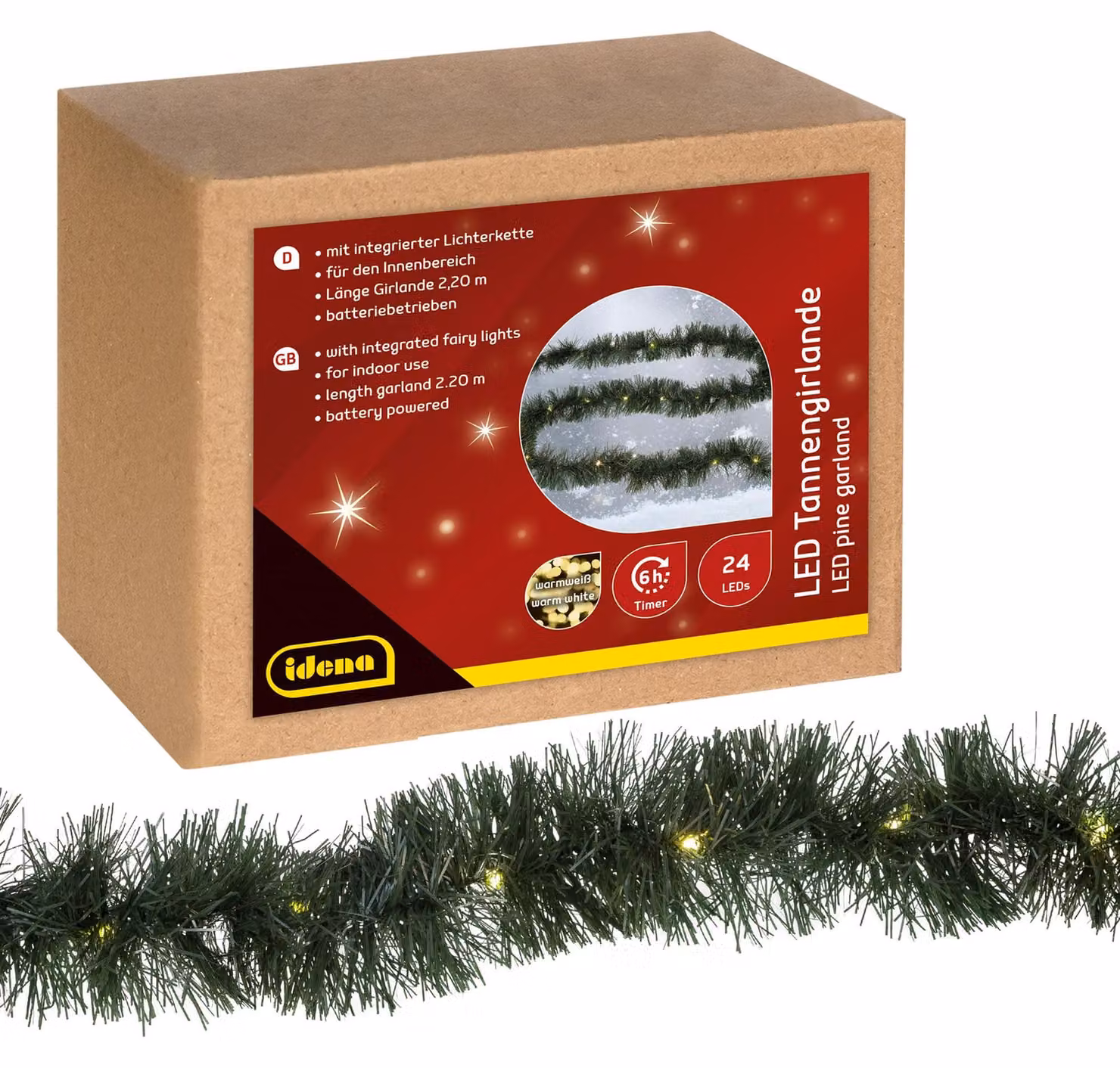 Catena luminosa a LED con forma di pigne, 24 luci bianche calde, timer, lunghezza 2,2 metri