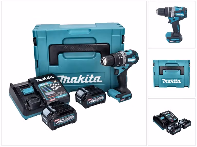 Trapano avvitatore a percussione a batteria Makita HP 002 GD201 da 40 V, 64 Nm, brushless + 2 batterie da 2,5 Ah + caricabatterie + Makpac