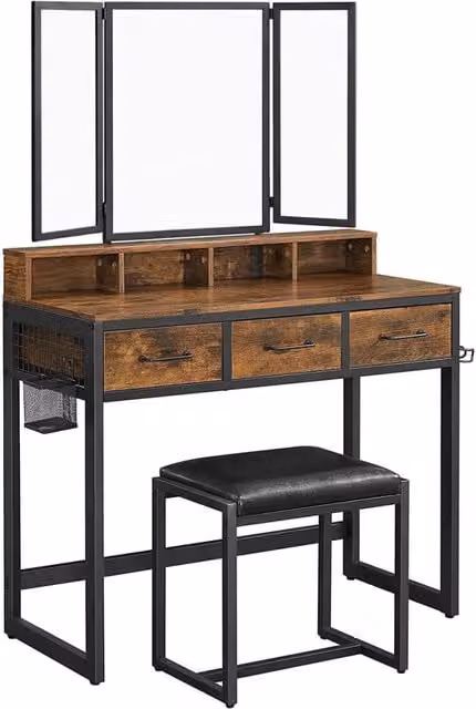 Toeletta industriale KENDRA HOME con specchio tri-fold e sgabello in ecopelle, colori nero e marrone, L/P/H: 150 x 40 x 90 cm