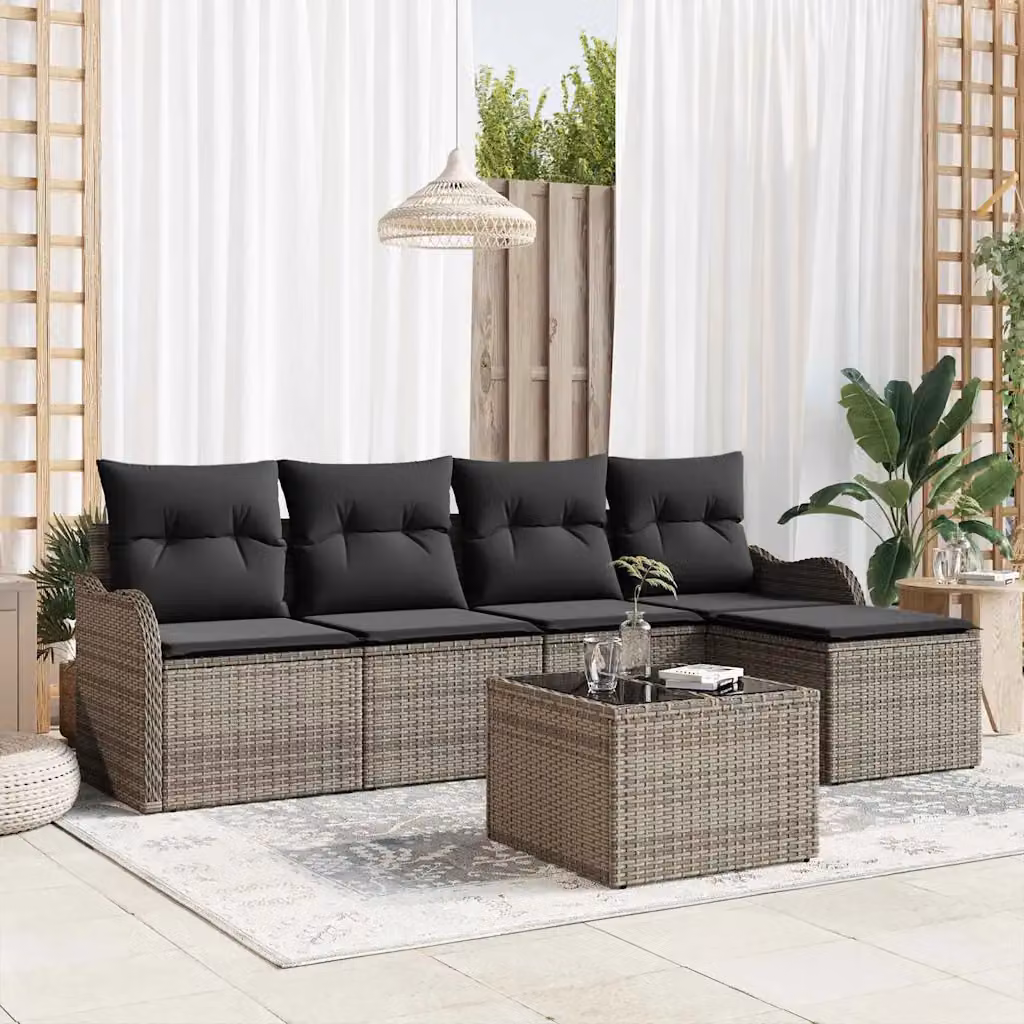 Set Divano da Giardino vidaXL 6 Pezzi a Forma di L con Cuscini Grigio o Nero in Polyrattan e Acciaio