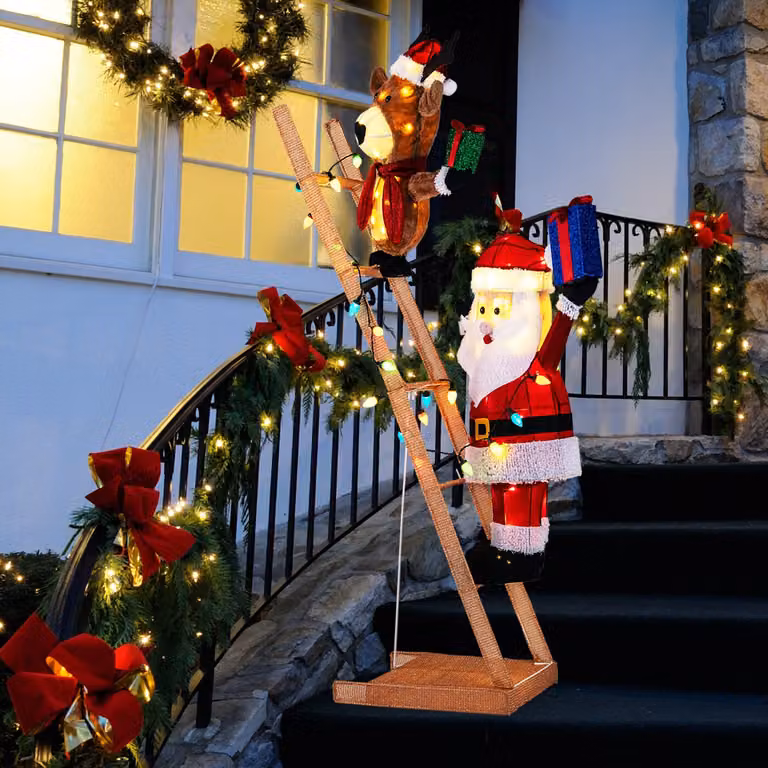Costway Decorazione natalizia 3D pre-illuminata per interni ed esterni con 100 luci LED, Renna e babbo natale illuminati da 166 cm