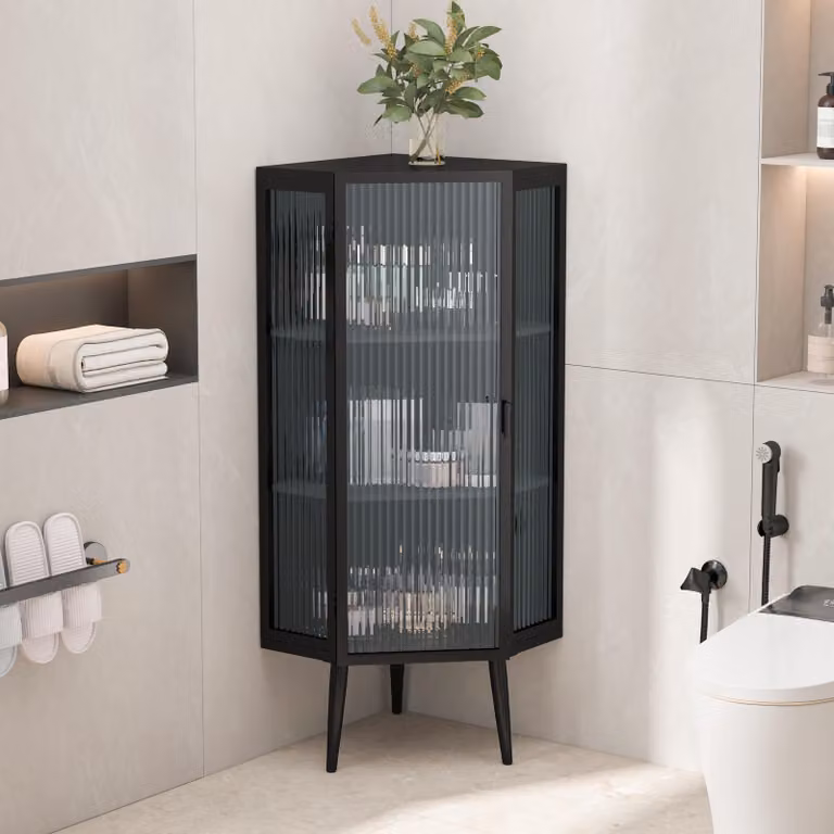 okwish Armadio da cucina ad angolo con ante in vetro, Armadio da cucina a tre livelli con vani portaoggetti, Nero
