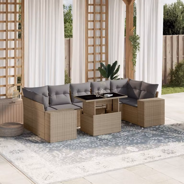 vidaXL Set Divano da Giardino 8 pz in Polyrattan con Cuscini Beige e Grigio e Tavolino da Esterno
