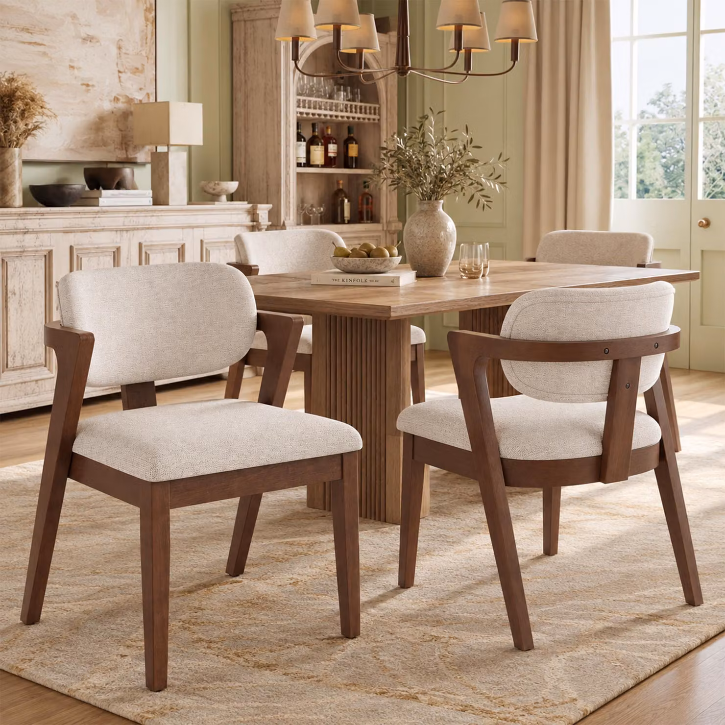 Sedie da pranzo Flieks, set di 4, con rivestimento in lino; sedie da cucina, poltrone imbottite con struttura in legno massello; poltrona per il soggiorno, finitura in legno di noce