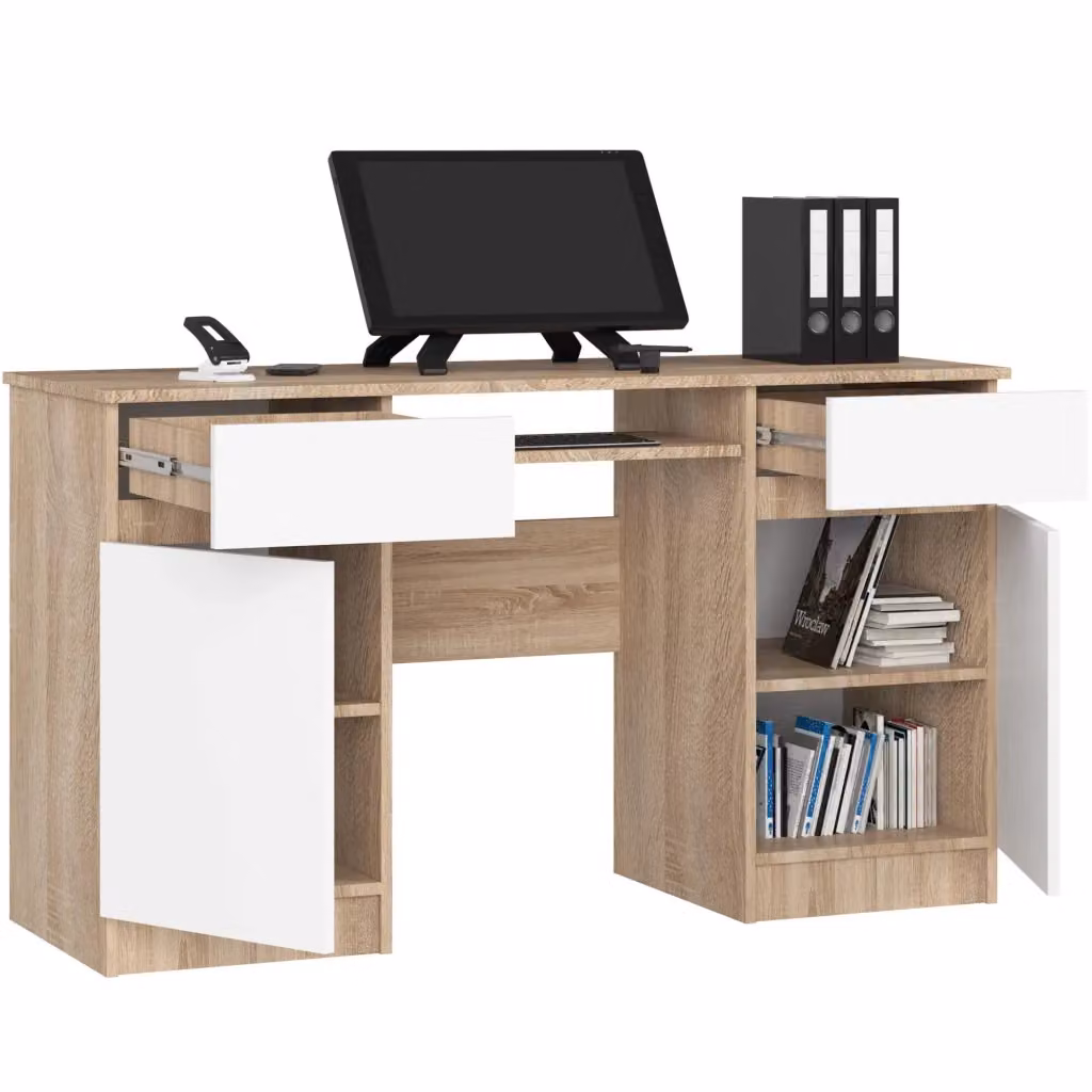 Scrivania per computer AKORD A5 in finitura Rovere e Bianco con 2 ante e 2 cassetti L: 135 cm, P: 50 cm, H: 77 cm – 2
