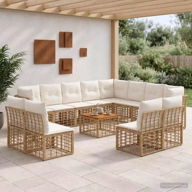 Set di divani da esterno 13 pz 12-Posti Naturale e Bianco Crema 3437600