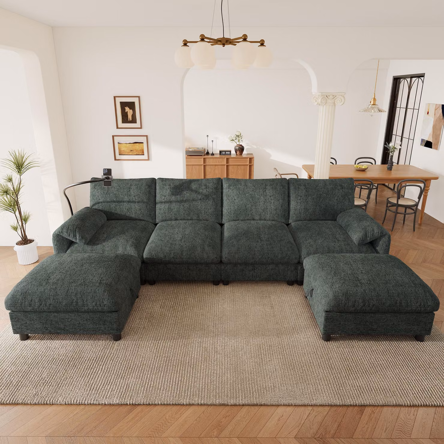 Divano ad angolo modulare Merax a forma di U, divano a 6 posti con 2 pouf, vano portaoggetti, porta USB Type-C, supporto per cellulare, divano in ciniglia, verde