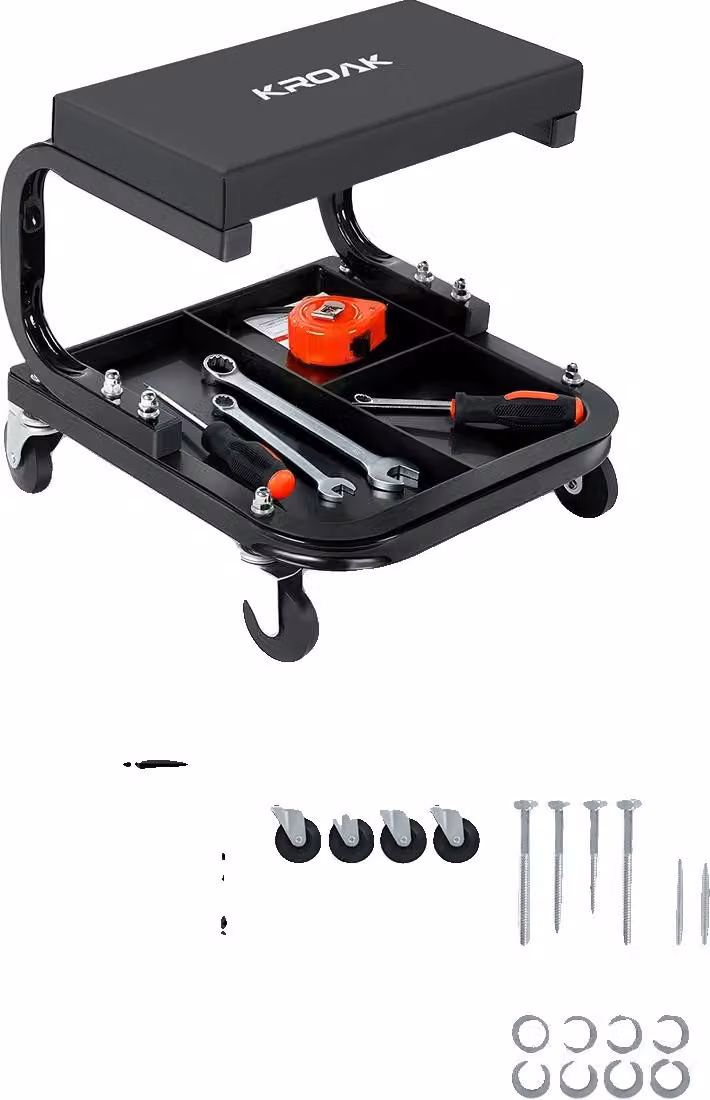 Sedia da officina, portata 120 kg, struttura in metallo, sedile imbottito, vassoio porta attrezzi incluso, design facile da usare