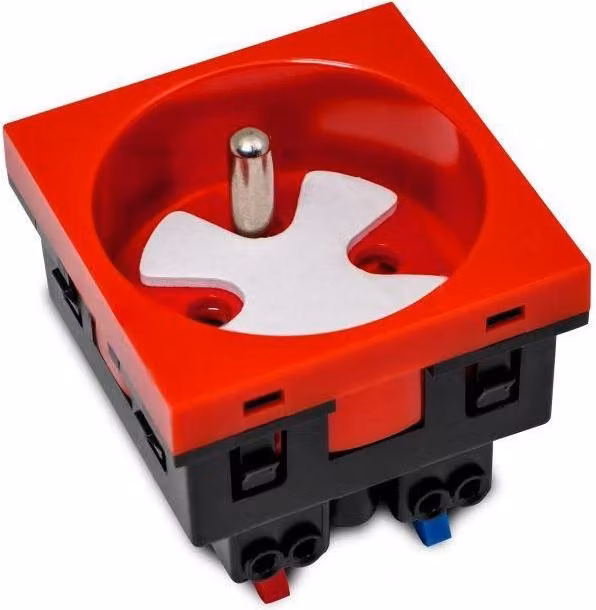 presa a 230V con messa a terra, senza viti, singola, standard 45x45, con meccanismo di blocco e sblocco, rosso