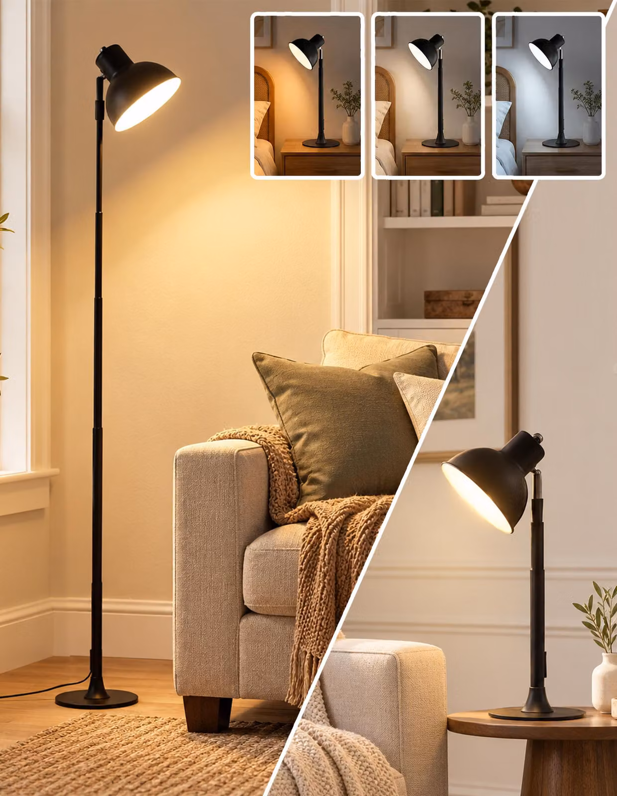 Lampada da Tavolo LED 2-in-1 & Piantana Altezza Regolabile 45-145cm - Dimmerabile 3 Colori USB Orientabile 150° Base in Metallo Nero
