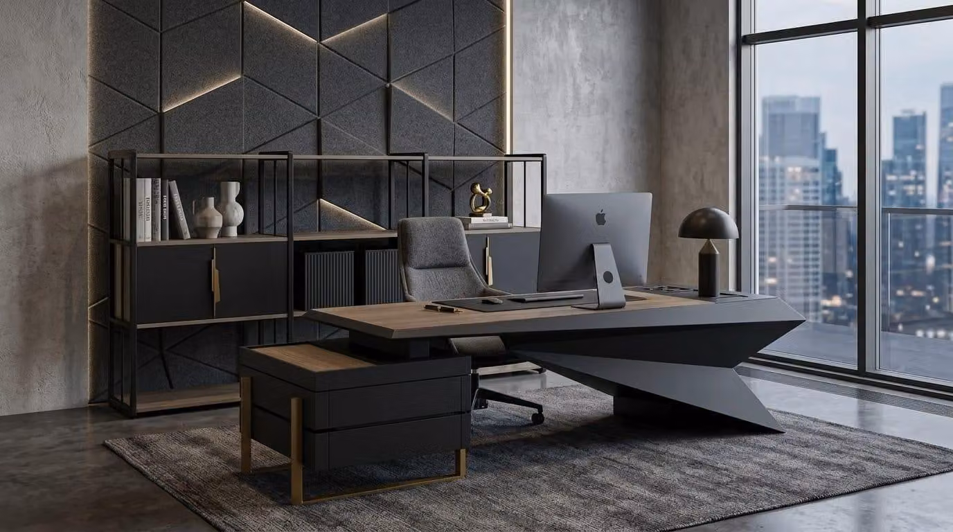 Set moderno per ufficio: scrivania, libreria, design