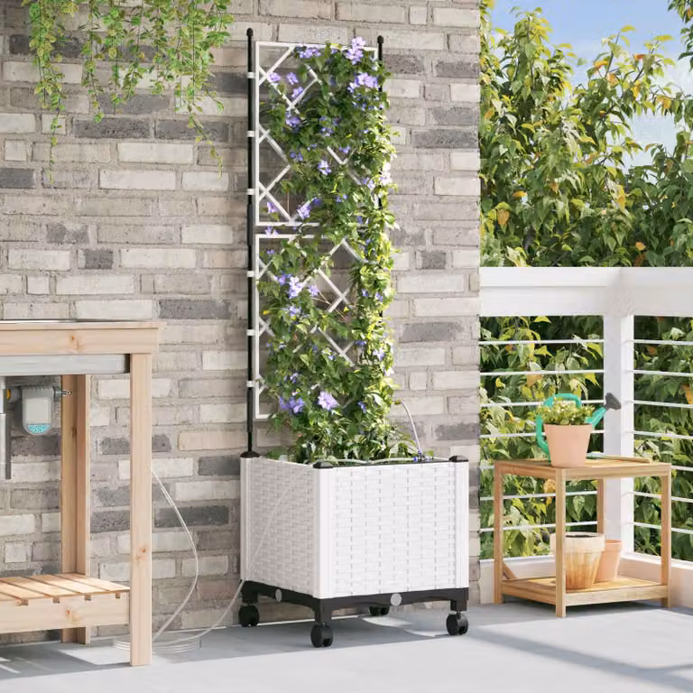 Vaso da giardino con irrigazione e ruote vidaXL, colore bianco, in plastica