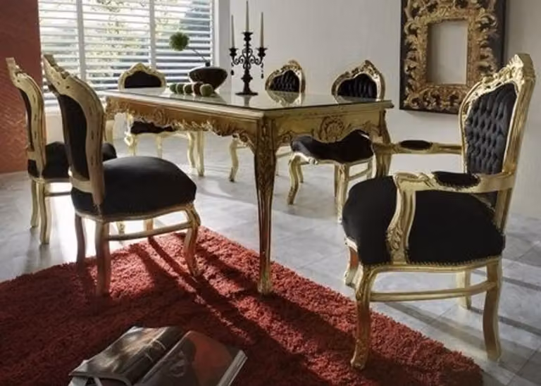 Set da pranzo in stile barocco "Casa Padrino", in stile antico, composto da un tavolo e 6 sedie, colore nero/oro. Dimensioni: 200 cm x 88 cm x 84 cm