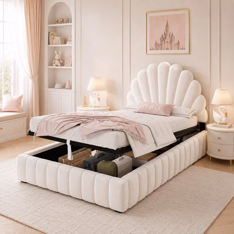 Letto imbottito Flieks 90x200 cm con testiera a forma di petalo, letto a scomparsa per bambini/ragazzi con spazio contenitore, letto singolo con rete a doghe, velluto, beige