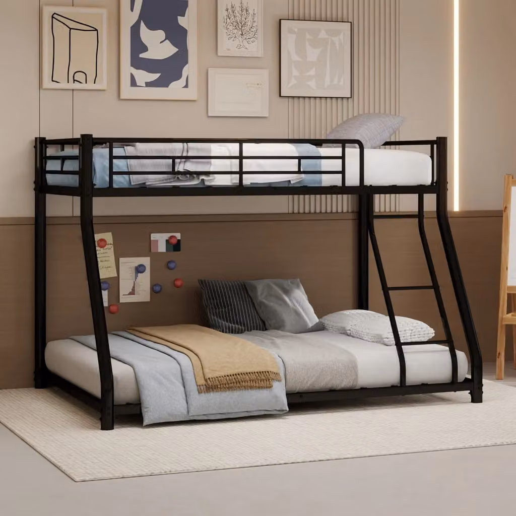 Letto a castello moderno in metallo nero per bambini con scala e barriera di sicurezza, L/P/H: 140 x 190 x 166,6 cm – 2