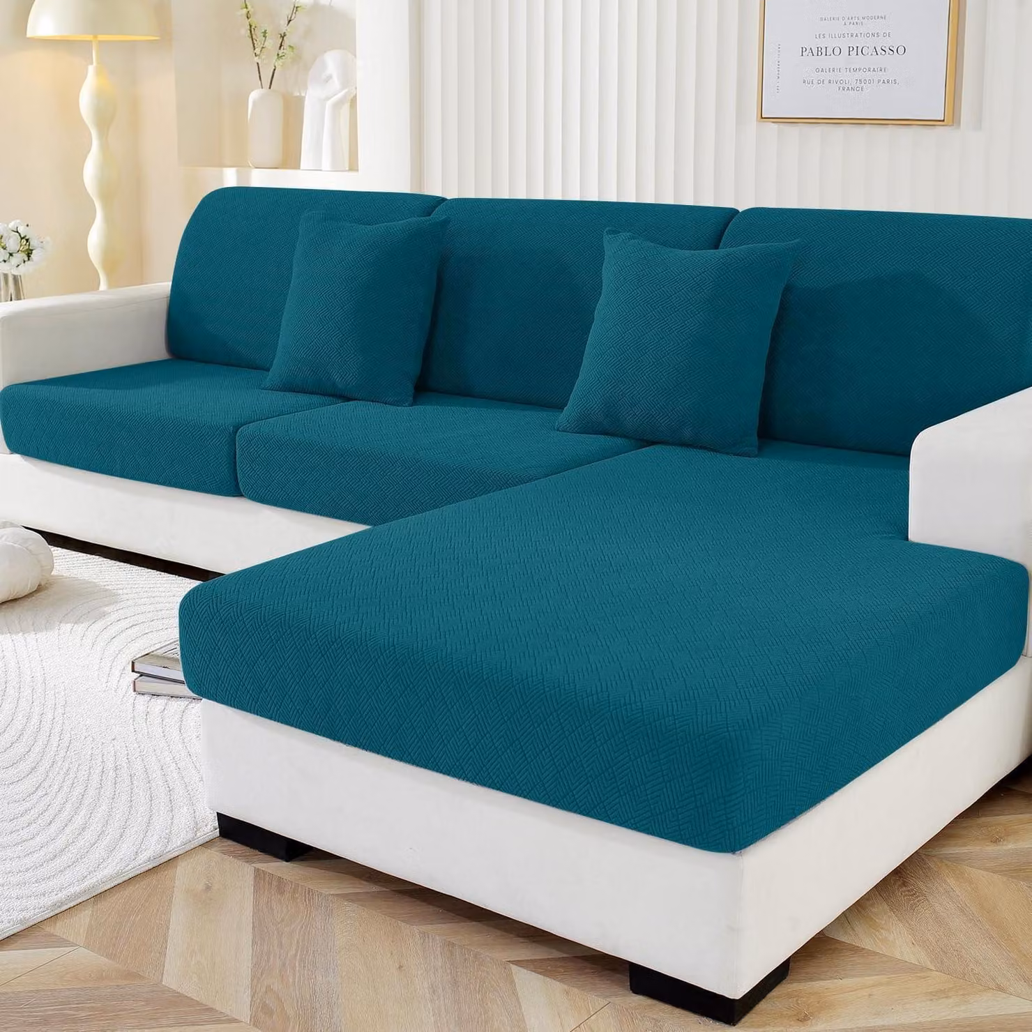 Copertura per cuscini del divano a due piazze, colore verde scuro, antiscivolo, elasticizzata. Include 1 cuscino per la seduta e 3 cuscini per la chaise longue