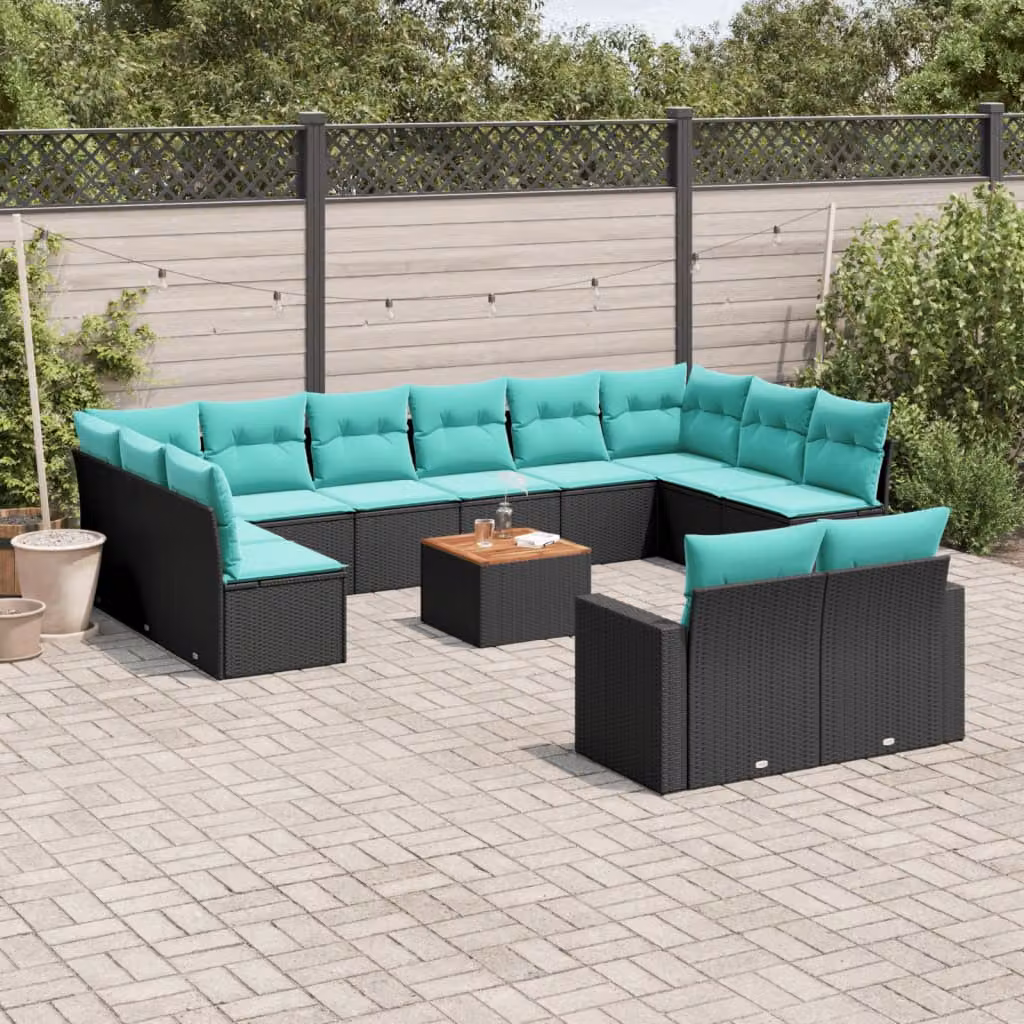 Set di divani da giardino vidaXL in polyrattan nero con cuscini blu a forma di U per esterno