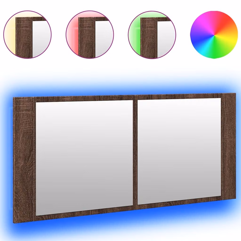 Armadietto Specchio con LED da Bagno Rovere Marrone 100x12x45cm