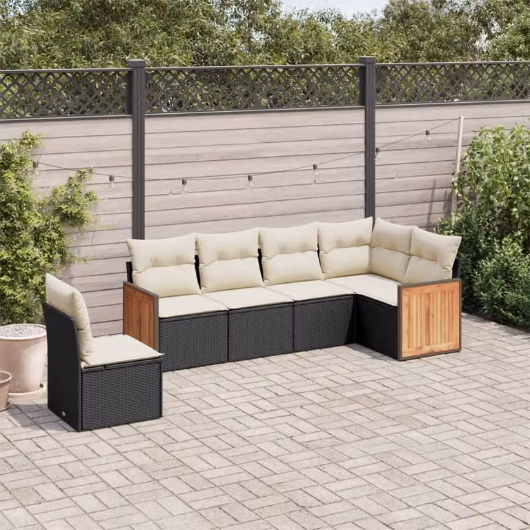 vidaXL Set Divano da Giardino a L in Polyrattan e Legno di Acacia con Cuscini, 6 Pezzi, Nero e Bianco