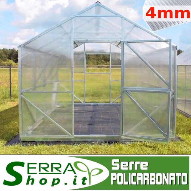 Serra Oasi con copertura in policarbonato alveolare da 4mm e struttura in acciaio zincato, L: 8 m, P: 3 m, H: 2,6 m