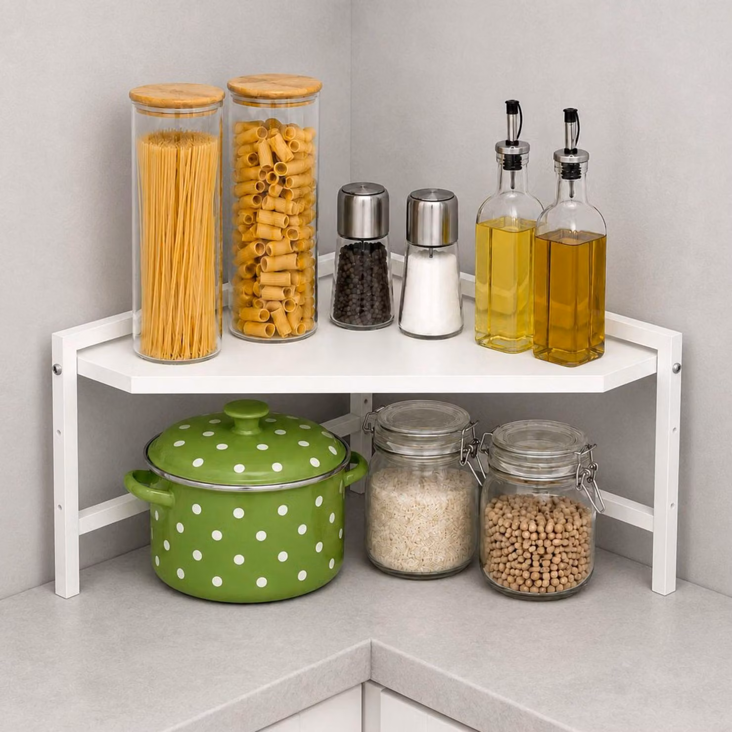DanDiBo, scaffale angolare per cucina, ripiano per cucina, piano di lavoro, 55x55 cm, ripiano per microonde, bianco, 2 livelli, modello 96737, scaffale angolare per microonde