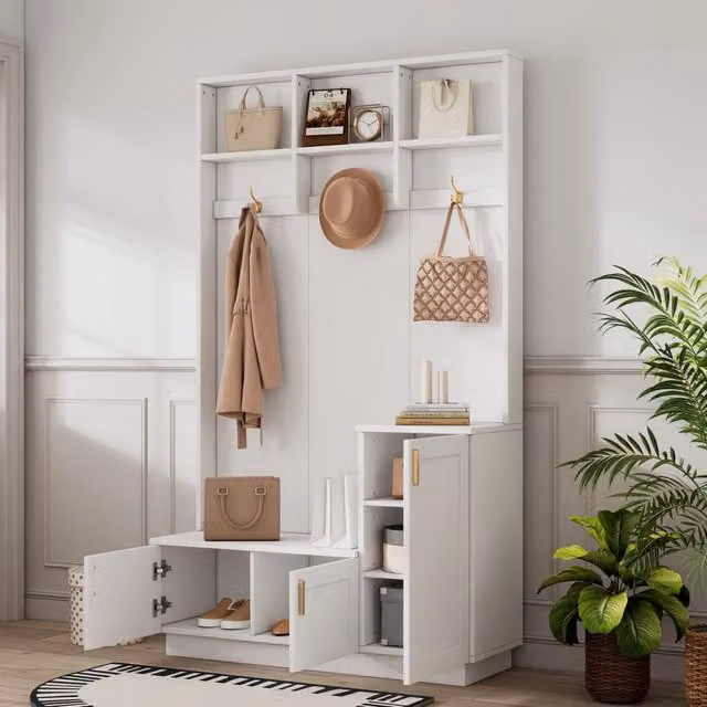Set di mobili da ingresso con panca scarpiera 3 ganci ripiano regolabile in truciolato bianco 120 × 40 × 200 cm