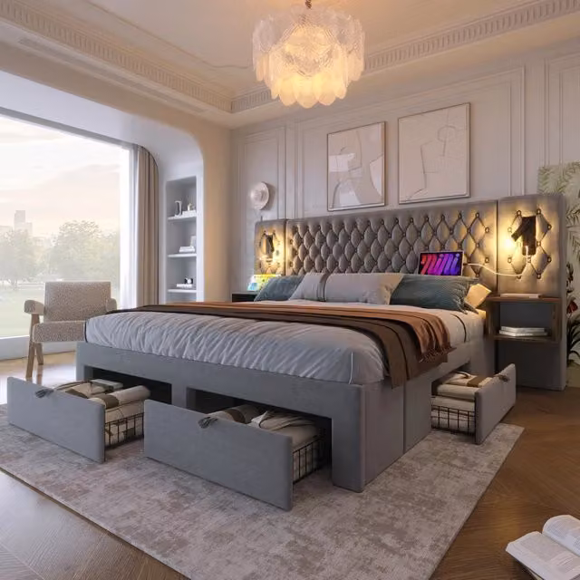 Letto imbottito matrimoniale 160 × 200 cm con 4 cassetti comodini luci da lettura USB e Type C velluto grigio