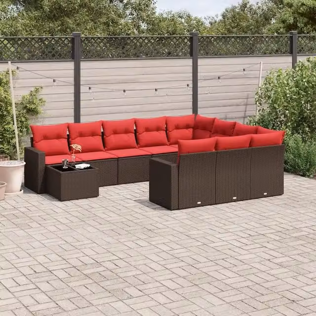 Set Divani da Giardino 11 pz con Cuscini Marrone in Polyrattan 3219524