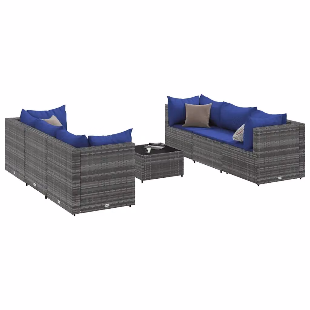 vidaXL Set Divani da Giardino 7 pz a Forma a L con Tavolino in Vetro e Cuscini Blu e Grigio – 2