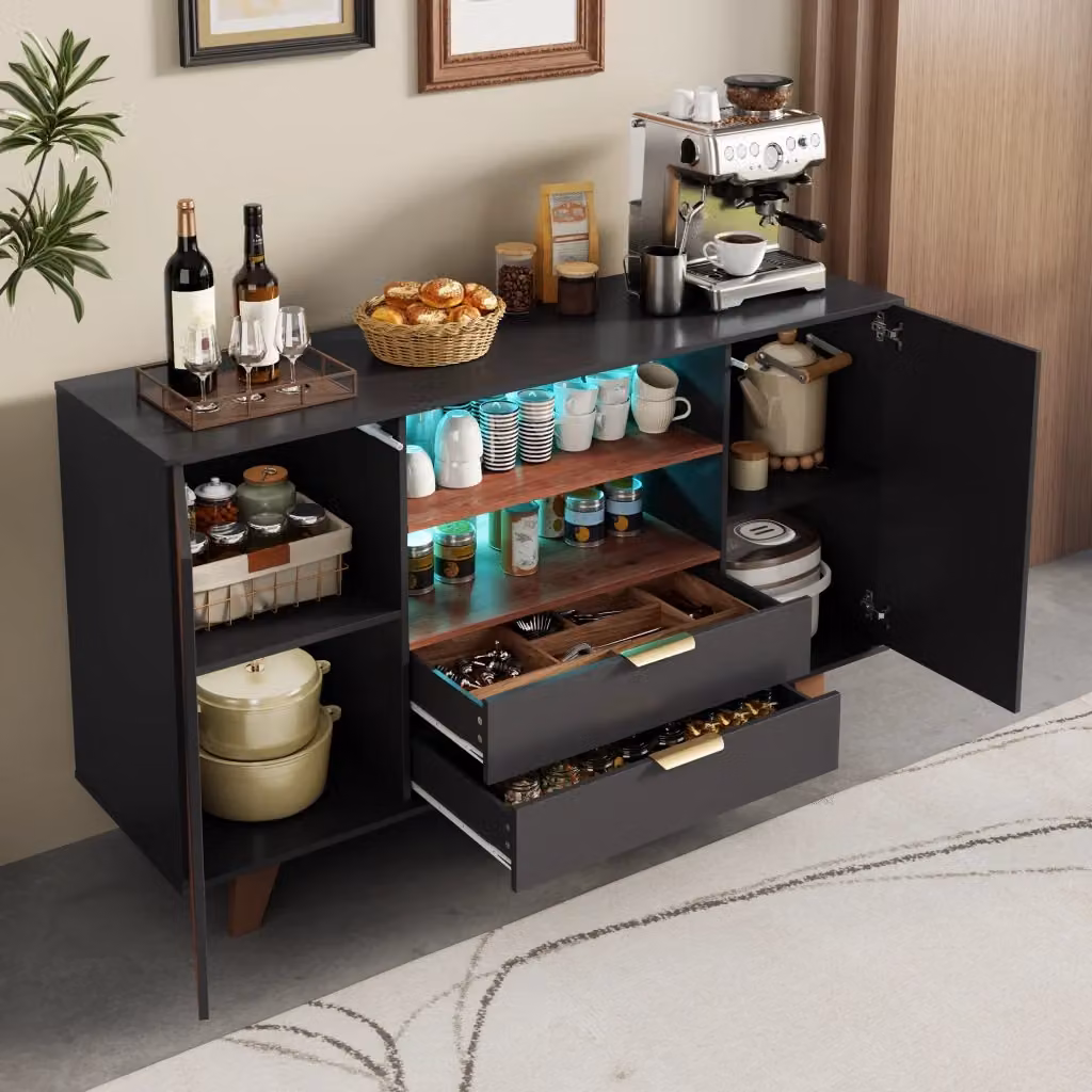 Credenza moderna in MDF e metallo con illuminazione LED RGB, colore marrone e nero, L/P/H: 150 x 40 x 90 cm – 2