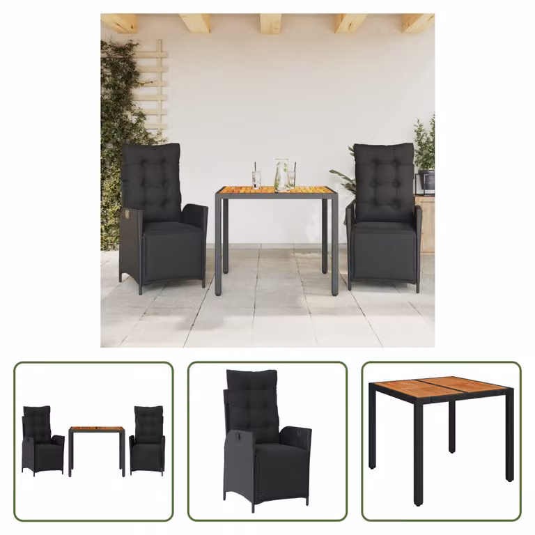 The Living Store Set da pranzo da giardino in 3 pezzi con cuscini in poly rattan nero
