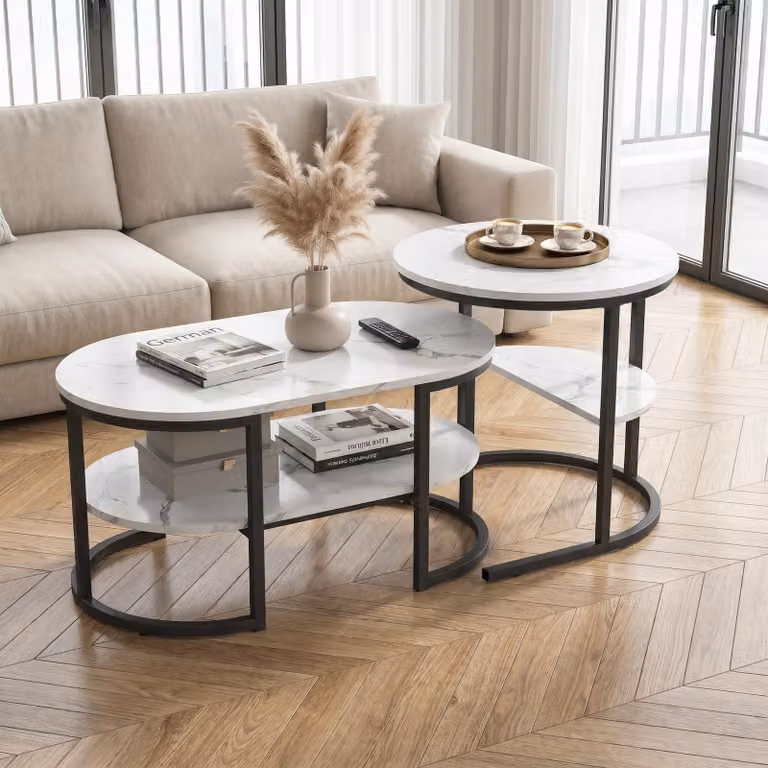 INONEFT, set di 2 tavolini da divano, tavolini con motivo marmorizzato e struttura in metallo, tavolini laterali, tavolini da caffè, design moderno per soggiorno, colore nero