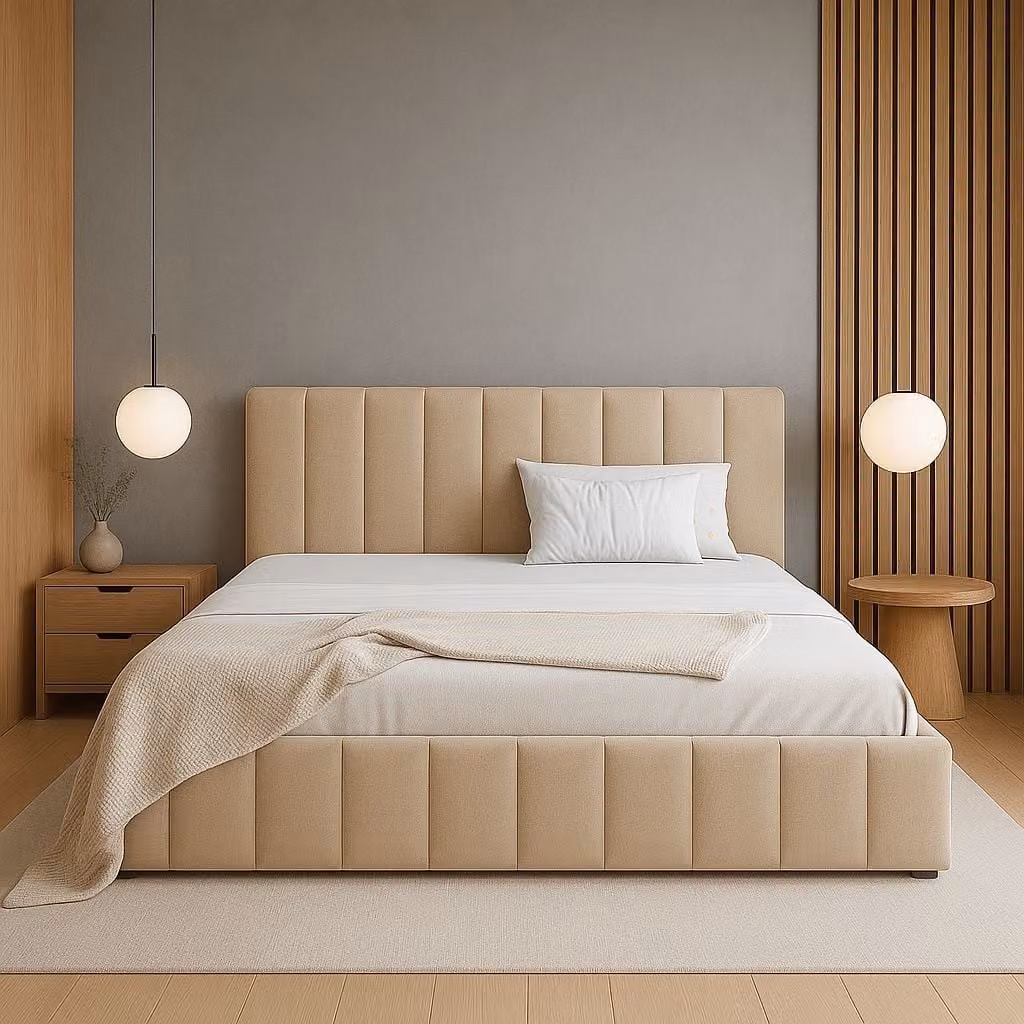 Letto imbottito moderno Sofello 180x200 con base a doghe in legno e funzione di sollevamento, tessuto in velluto beige, con contenitore (tessuto non tessuto sul fondo) e vano portaoggetti.