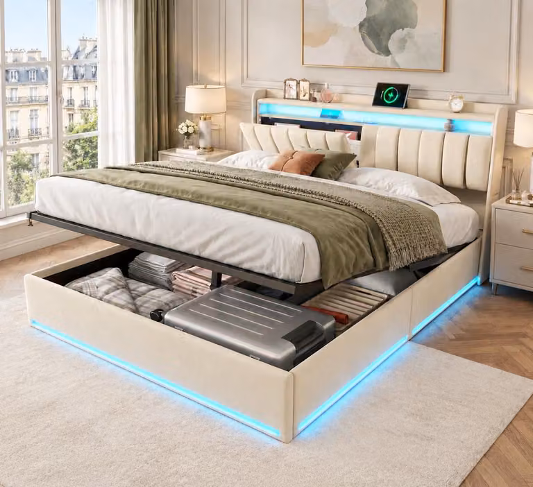 Letto idraulico INONEFT, 140 x 190 cm, con imbottitura, spazio contenitore e luci LED, letto matrimoniale con prese USB e rete a doghe, letto per ragazzi, in velluto, color beige