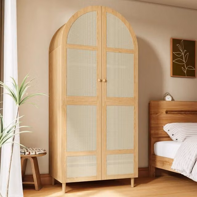 Armadio con ante curve in rattan, appendiabiti e cassetti, per camera e ingresso, naturale, 80 × 50 × 179 cm